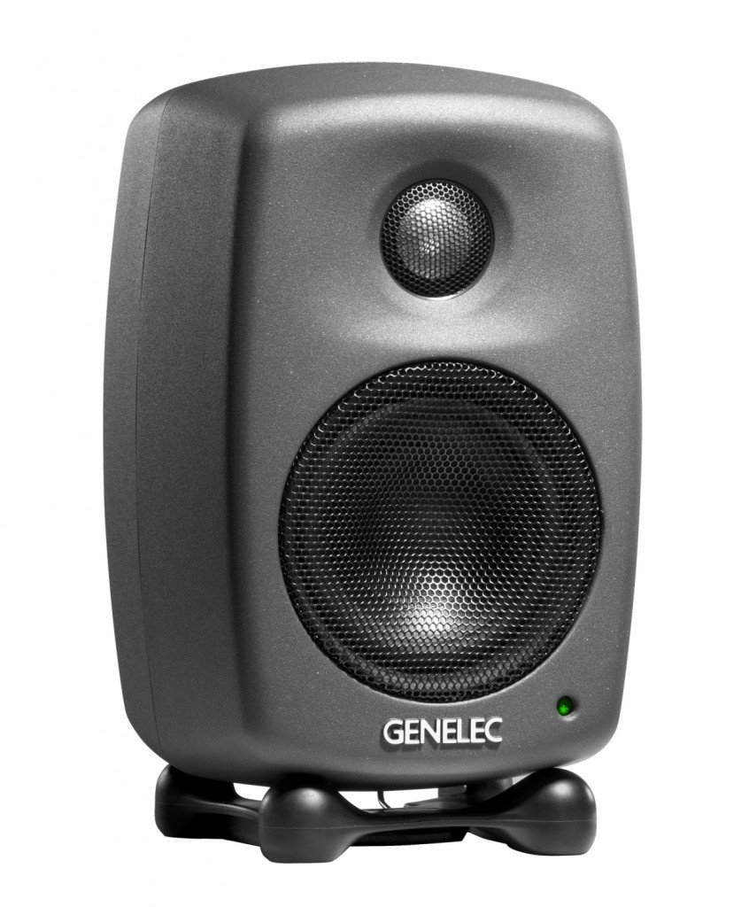 Genelec 8010A Two Way 2 Bi Amplified amp biamp biamplified active studio monitor speaker loudspeaker angle side face front panel Iso Pod table stand 8010APM 8010